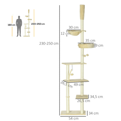 PawHut Arranhador para Gatos do Solo ao Teto de 230-250 cm Arranhador para Gatos com Altura Ajustável Múltiplas Plataformas Rede Bolas Suspensas Bege