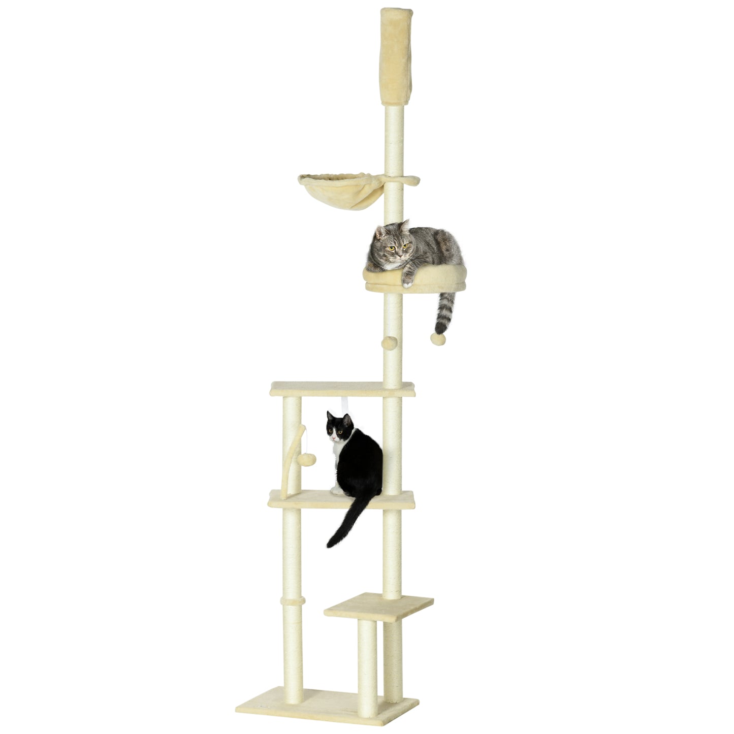 PawHut Arranhador para Gatos do Solo ao Teto de 230-250 cm Arranhador para Gatos com Altura Ajustável Múltiplas Plataformas Rede Bolas Suspensas Bege