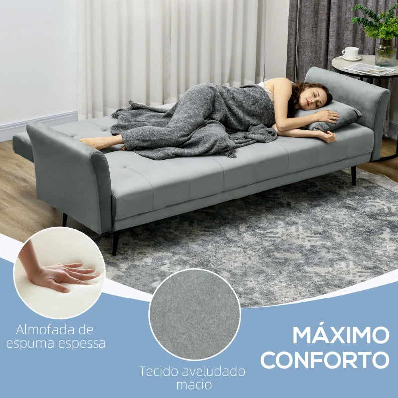 Sofá Cama Convertível Sofá Cama de 3 Lugares com Encosto Ajustável de 3 Níveis e 2 Almofadas Acolchoadas Carga 360 kg para Escritório Dormitório Sala de Estar Cinza