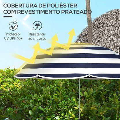 Outsunny Chapéu de Sol de Praia para Cadeira Ø103x97,5 cm Chapéu de Sol para Terraço com Braçadeira Teto Ajustável Abertura Manual Anti-UV Impermeável e Bolsa de Transporte Azul e Branco