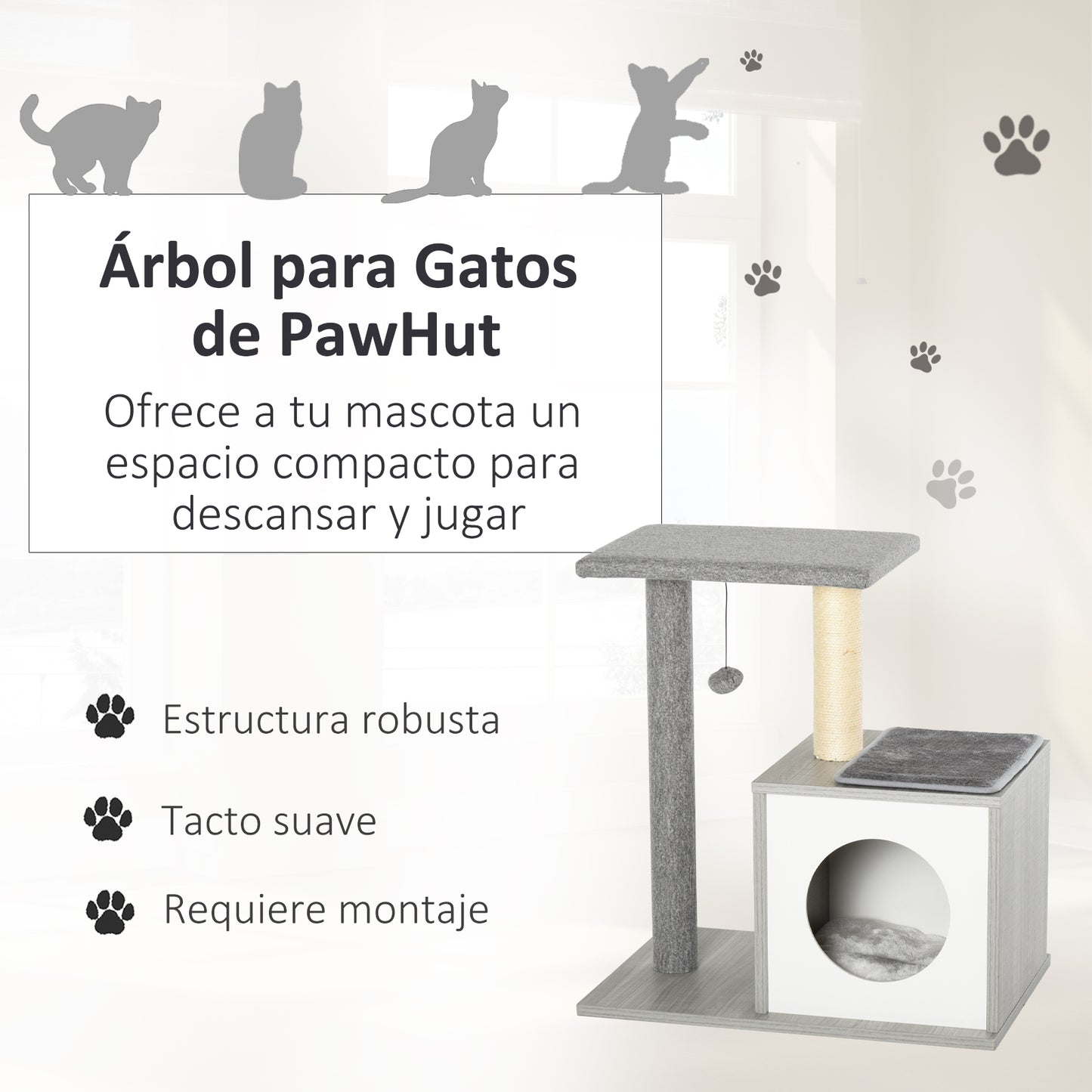 PawHut Árvore para gatos Poste de arranhar para gato de 3 níveis com plataformas postes de arranhar Caverna espaçosa Almofada Removível Macia Bola de Brinquedo 59x39x62 cm Cinza