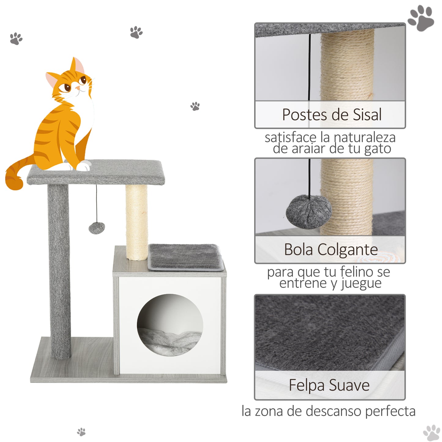 PawHut Árvore para gatos Poste de arranhar para gato de 3 níveis com plataformas postes de arranhar Caverna espaçosa Almofada Removível Macia Bola de Brinquedo 59x39x62 cm Cinza