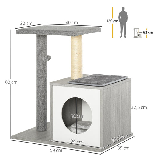 PawHut Árvore para gatos Poste de arranhar para gato de 3 níveis com plataformas postes de arranhar Caverna espaçosa Almofada Removível Macia Bola de Brinquedo 59x39x62 cm Cinza