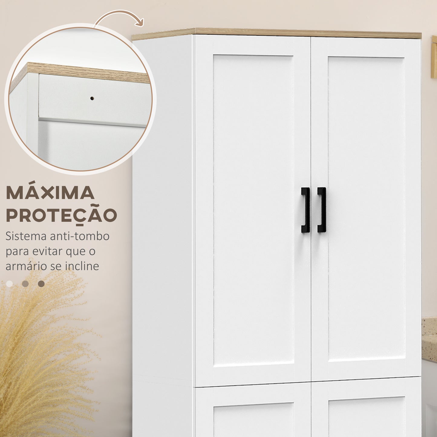 HOMCOM Armário de Cozinha Armário de Armazenamento Cozinha com 4 Portas e Prateleiras Ajustáveis Anti-Tombo 60x30x170,5 cm Branco