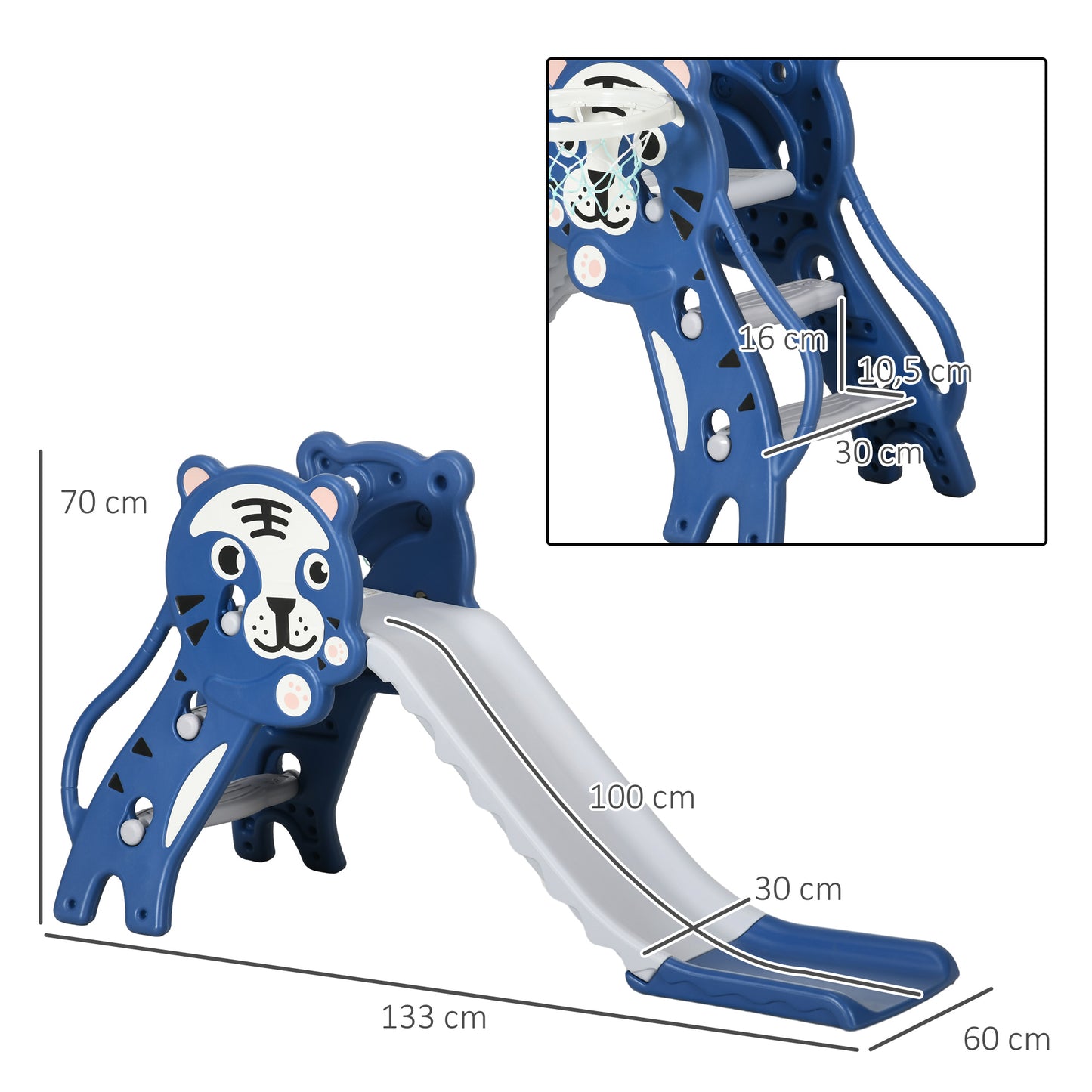 AIYAPLAY Escorrega para Crianças 2 em 1 Escorrega para Crianças de 18 a 36 Meses com 2 Degraus Cesta de Basquetebol e Desenho de Tigre para Interior 133x60x70 cm Azul e Cinza