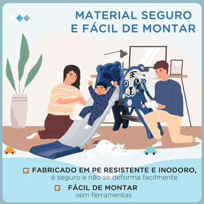 AIYAPLAY Escorrega para Crianças 2 em 1 Escorrega para Crianças de 18 a 36 Meses com 2 Degraus Cesta de Basquetebol e Desenho de Tigre para Interior 133x60x70 cm Azul e Cinza