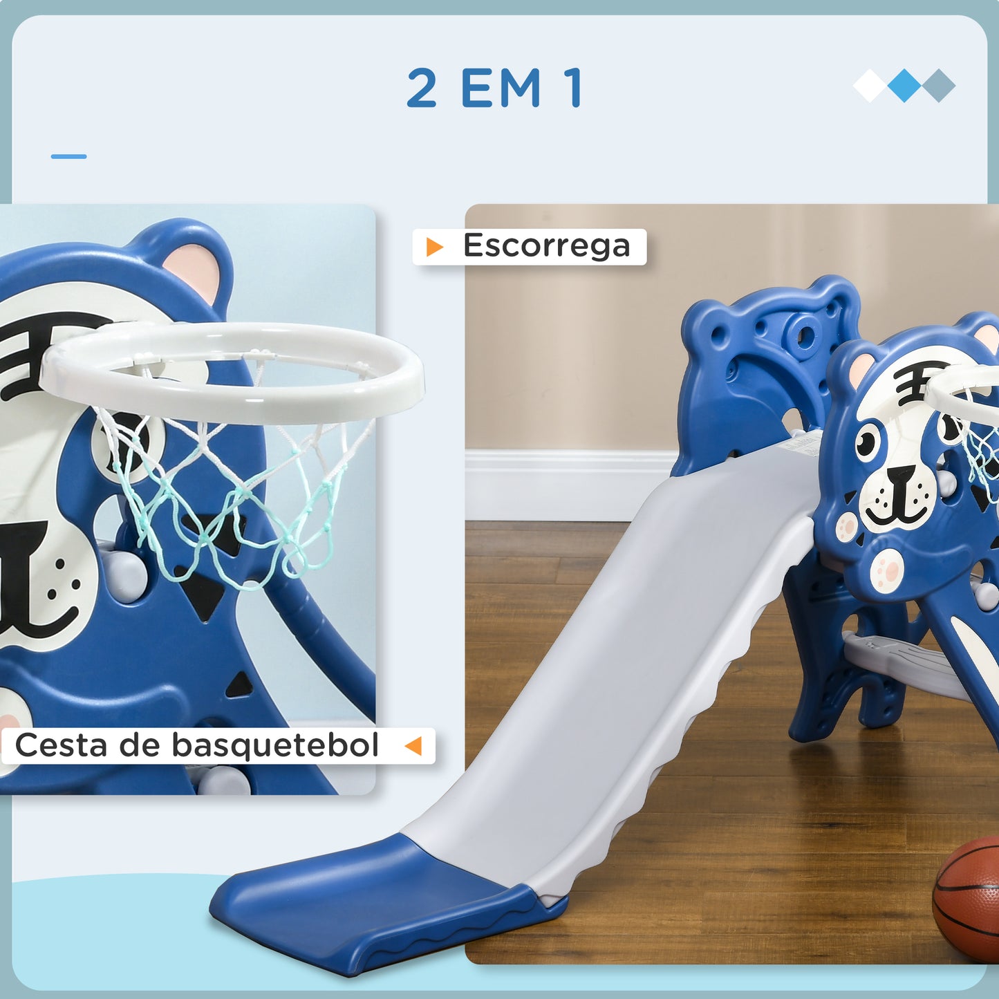 AIYAPLAY Escorrega para Crianças 2 em 1 Escorrega para Crianças de 18 a 36 Meses com 2 Degraus Cesta de Basquetebol e Desenho de Tigre para Interior 133x60x70 cm Azul e Cinza