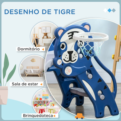 AIYAPLAY Escorrega para Crianças 2 em 1 Escorrega para Crianças de 18 a 36 Meses com 2 Degraus Cesta de Basquetebol e Desenho de Tigre para Interior 133x60x70 cm Azul e Cinza