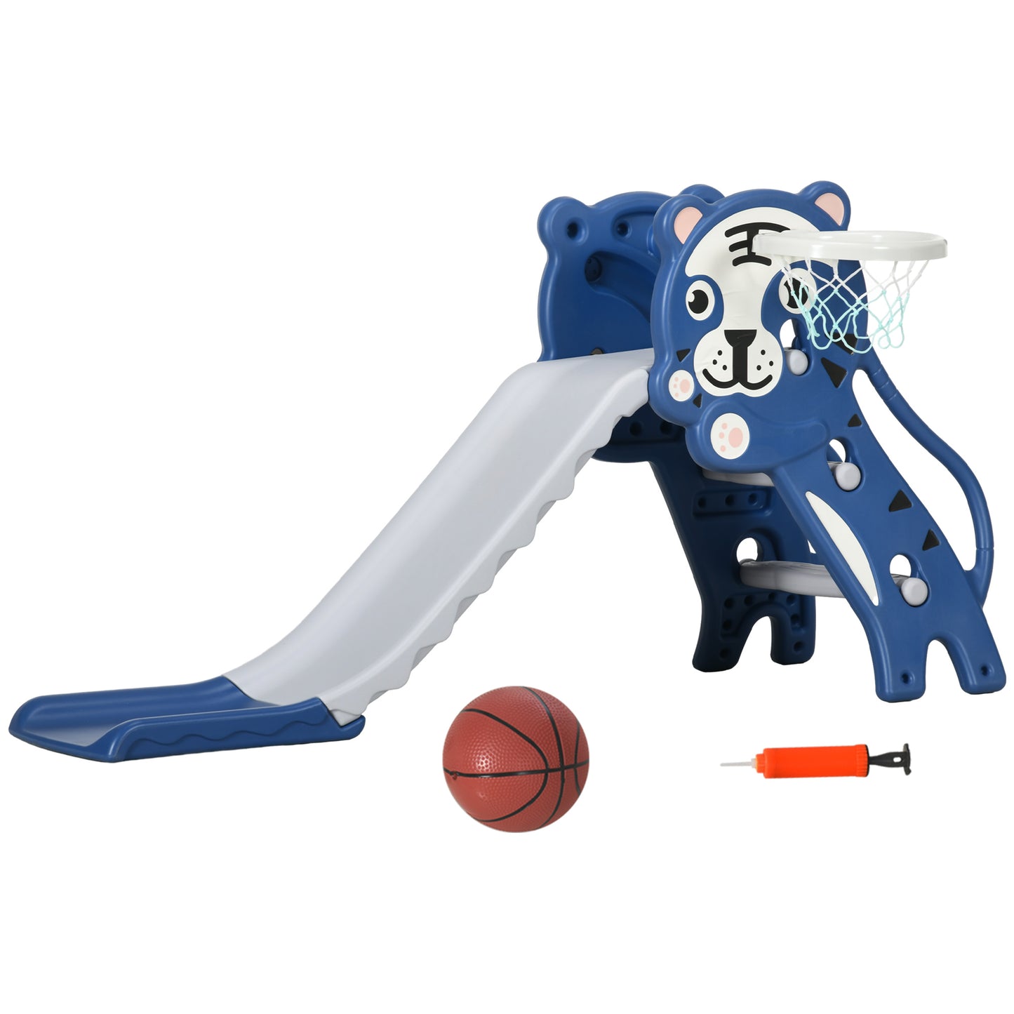 AIYAPLAY Escorrega para Crianças 2 em 1 Escorrega para Crianças de 18 a 36 Meses com 2 Degraus Cesta de Basquetebol e Desenho de Tigre para Interior 133x60x70 cm Azul e Cinza