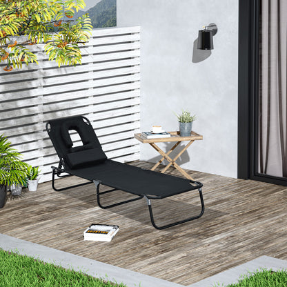 Outsunny Espreguiçadeira Dobrável com Encosto Ajustável em 4 Posições Espreguiçadeira de Jardim com Almofada Estrutura de Aço Tecido Oxford para Acampamento Praia Terraço 190x56x28cm Preto