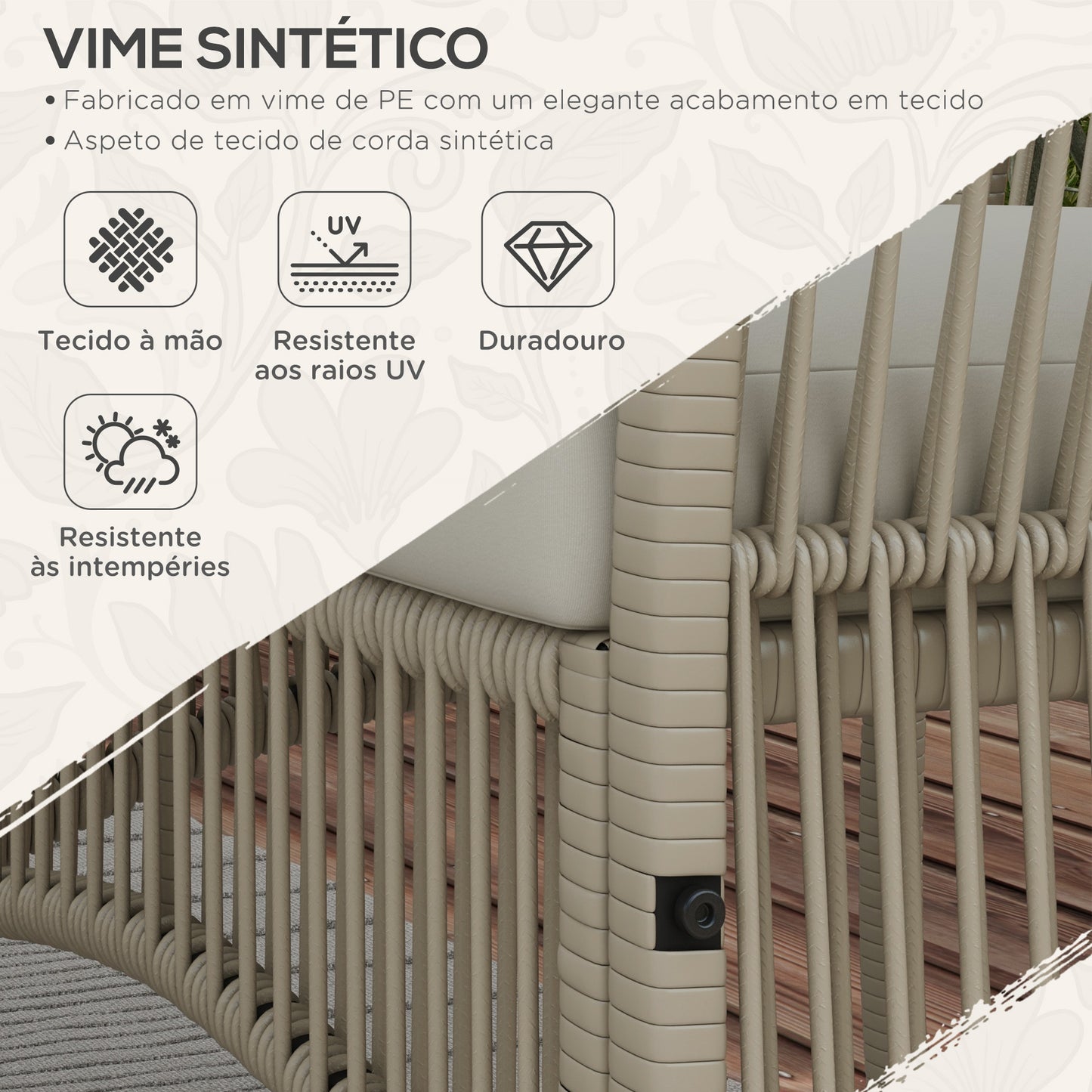 Outsunny Conjunto de Móveis de Jardim de Vime Conjunto de 4 Peças de Móveis de Varanda com 1 Sofá de 2 Lugares 2 Poltronas Almofadas e Mesa de Centro com Bancada de Vidro para Pátio Cáqui