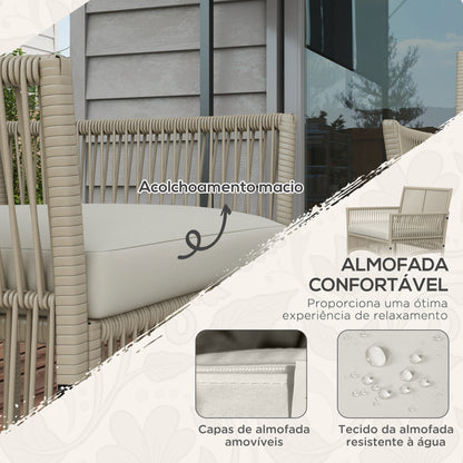 Outsunny Conjunto de Móveis de Jardim de Vime Conjunto de 4 Peças de Móveis de Varanda com 1 Sofá de 2 Lugares 2 Poltronas Almofadas e Mesa de Centro com Bancada de Vidro para Pátio Cáqui