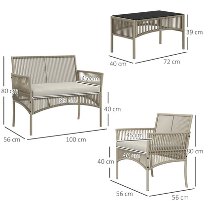 Outsunny Conjunto de Móveis de Jardim de Vime Conjunto de 4 Peças de Móveis de Varanda com 1 Sofá de 2 Lugares 2 Poltronas Almofadas e Mesa de Centro com Bancada de Vidro para Pátio Cáqui