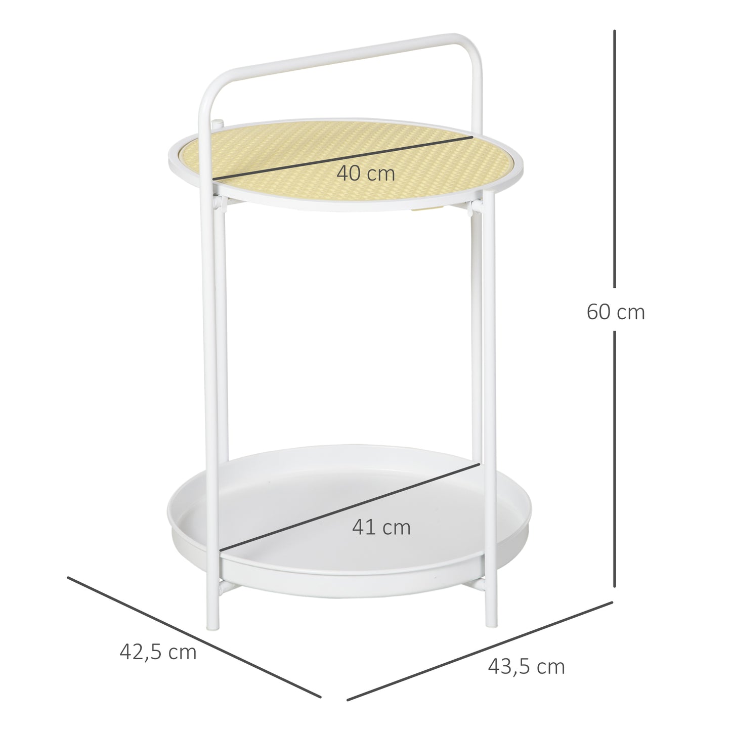 HOMCOM Mesa Auxiliar com Prateleira de Vime Plástico Bandeja Removível e Alça Portátil Mesa Lateral Redonda com Estrutura de Aço para Dormitório Escritório 43,5x42,5x60cm Branco