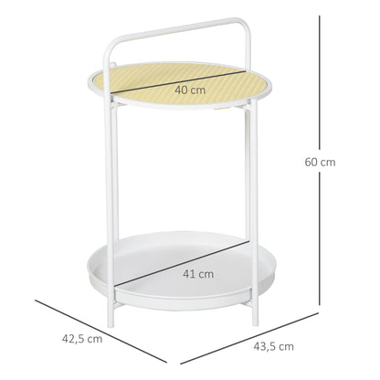 HOMCOM Mesa Auxiliar com Prateleira de Vime Plástico Bandeja Removível e Alça Portátil Mesa Lateral Redonda com Estrutura de Aço para Dormitório Escritório 43,5x42,5x60cm Branco