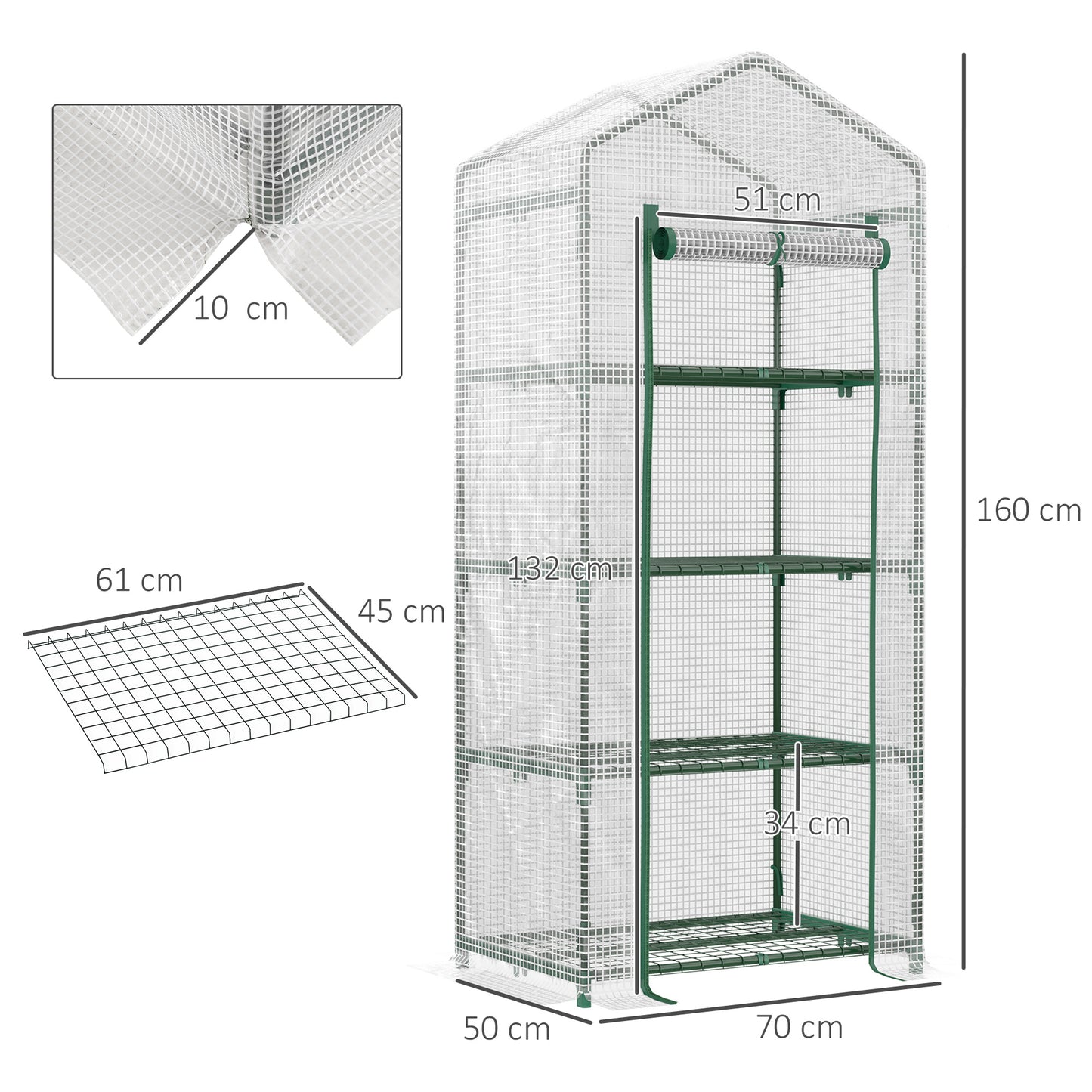 Outsunny Estufa de Jardim com 4 Prateleiras e Cobertura de PE Estufa de Aço para Cultivo de Plantas Flores 70x50x160cm Branco