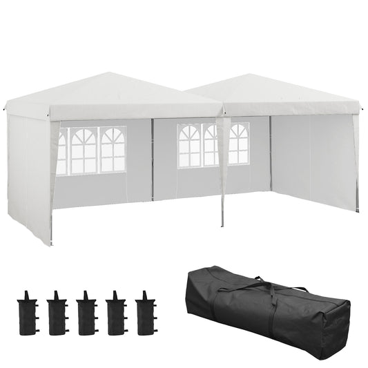 Outsunny Tenda Dobrável 585x295 cm com Paredes Laterais Tenda para Festas com Altura Ajustável Bolsa de Transporte Rodas e 5 Sacos de Areia para Exterior Jardim Pátio Branco