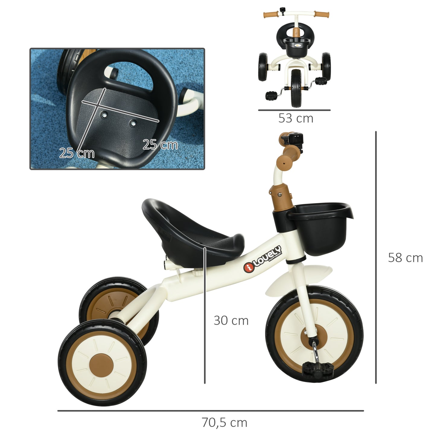 AIYAPLAY Triciclo para Crianças de 2 a 5 anos Triciclo Infantil com Assento Ajustável Cesta Buzina e Pedais e 3 Rodas Carga Máxima 25 kg 70,5x50x58 cm Bege e Marrom