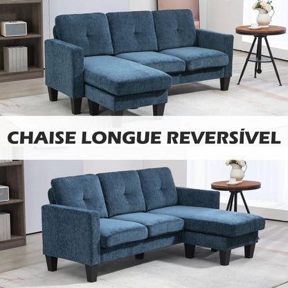 Sofá Chaise Longue Sofá em Forma de L Estofado em Poliéster Sofá de Canto Reversível com 3 Almofadas e Pés de Madeira para Sala de Estar Carga Máxima 180 kg 186x130x84 cm Azul