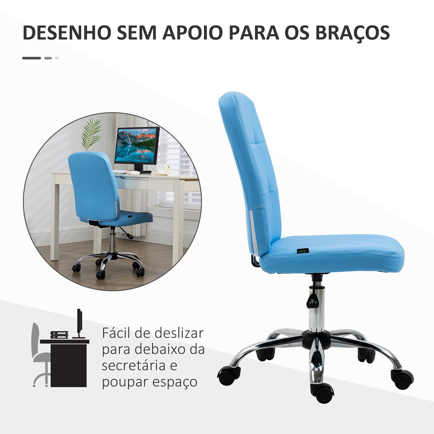 Vinsetto Cadeira de Escritório sem Apoio para os Braços Cadeira de Escritório Giratória de Couro Sintético com Altura Ajustável Estilo Moderno Carga Máxima 120 kg 45x59x90-100 cm Azul