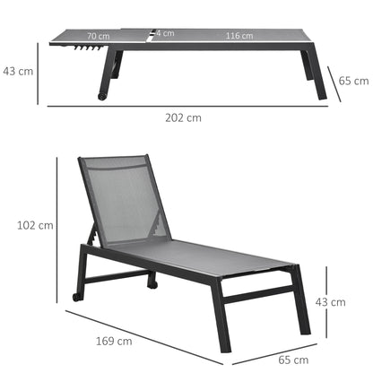 Outsunny Conjunto de 2 Espreguiçadeiras de Jardim de Alumínio Espreguiçadeiras de Exterior com 2 Rodas Encosto Reclinável em 5 Posições Carga 120 kg para Jardim Terraço 169x65x102 cm Cinza