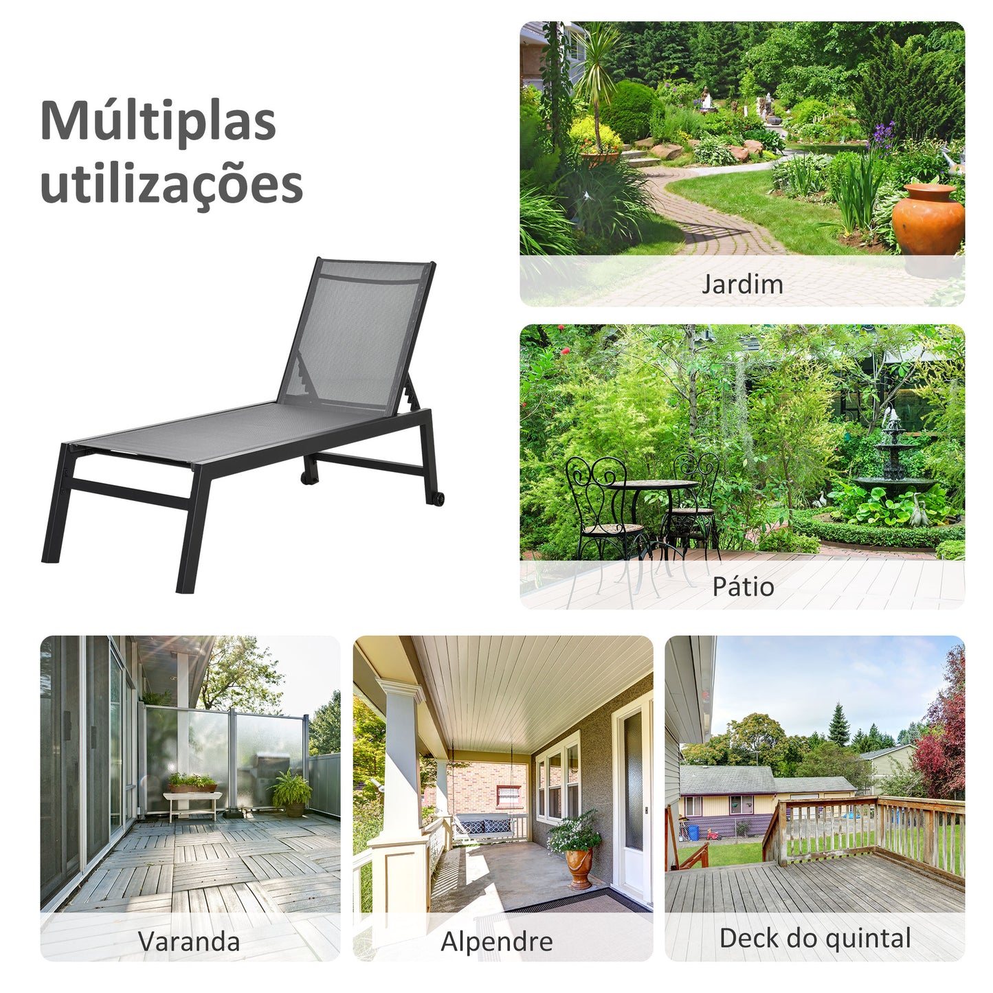 Outsunny Conjunto de 2 Espreguiçadeiras de Jardim de Alumínio Espreguiçadeiras de Exterior com 2 Rodas Encosto Reclinável em 5 Posições Carga 120 kg para Jardim Terraço 169x65x102 cm Cinza