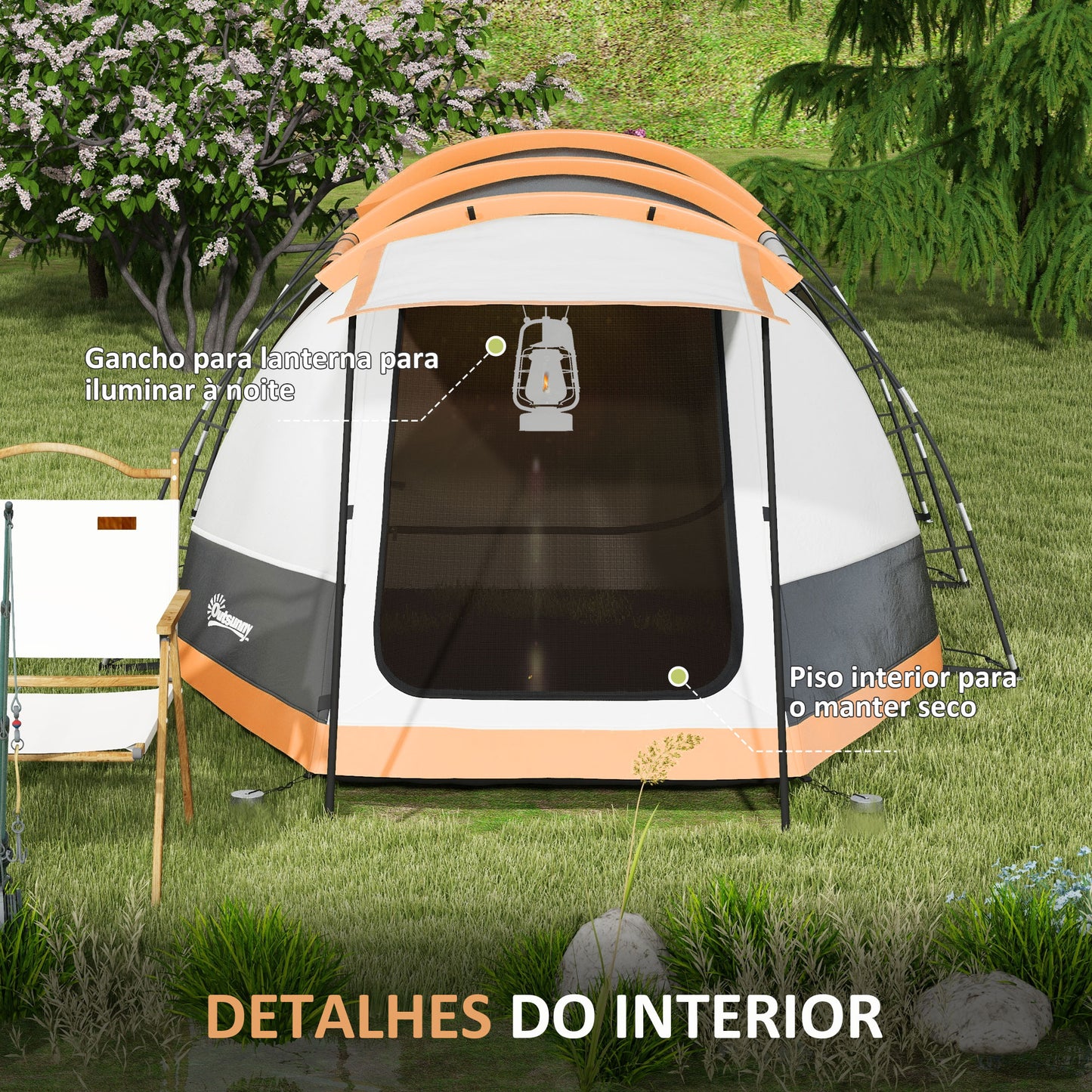 Outsunny Tenda de Campismo Familiar para 3-4 Pessoas Tenda de Campismo Dobrável com 2 Quartos e Bolsa de Transporte Impermeável para Trekking 370x220x130 cm Laranja e Cinza