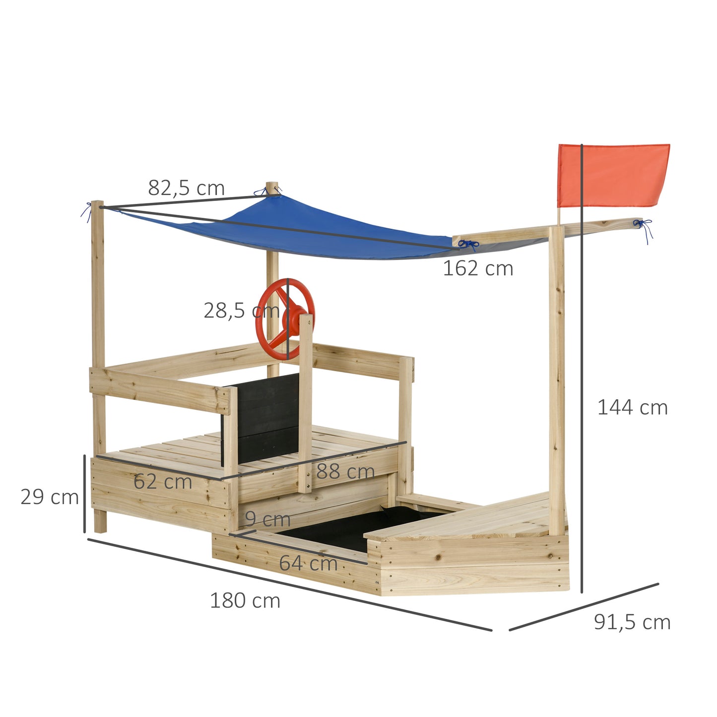 Outsunny Caixa de Areia Infantil de Madeira Desenho de Barco a Vela Toldo Quadro Negro bandeira Vermelha e Volante Caixa de Areia de Jardim para Crianças acima de 3 Anos 180x91,5x144cm Natural