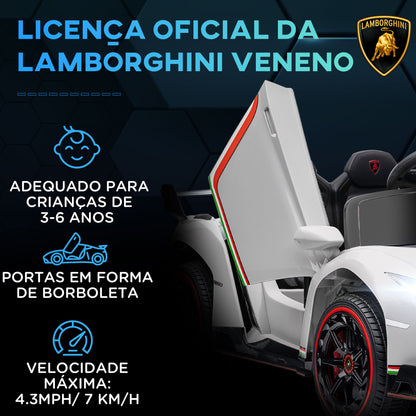 HOMCOM Carro Elétrico Lamborghini para Crianças de 3 a 6 Anos Carro a Bateria 12V Velocidade Máxima 7 km/h com Controlo Remoto MP3 Luzes e Cinto de Segurança 111x61x45 cm Branco