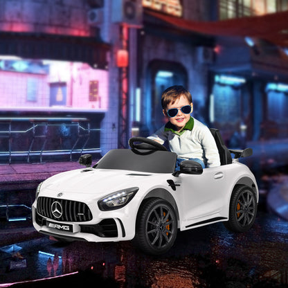 AIYAPLAY Carro Elétrico para Crianças acima de 3 Anos Carro Mercedes-Benz AMG GTR Carro Elétrico Infantil com Bateria 12V Controlo Remoto Faróis Buzina e Música 108x67x46 cm Branco