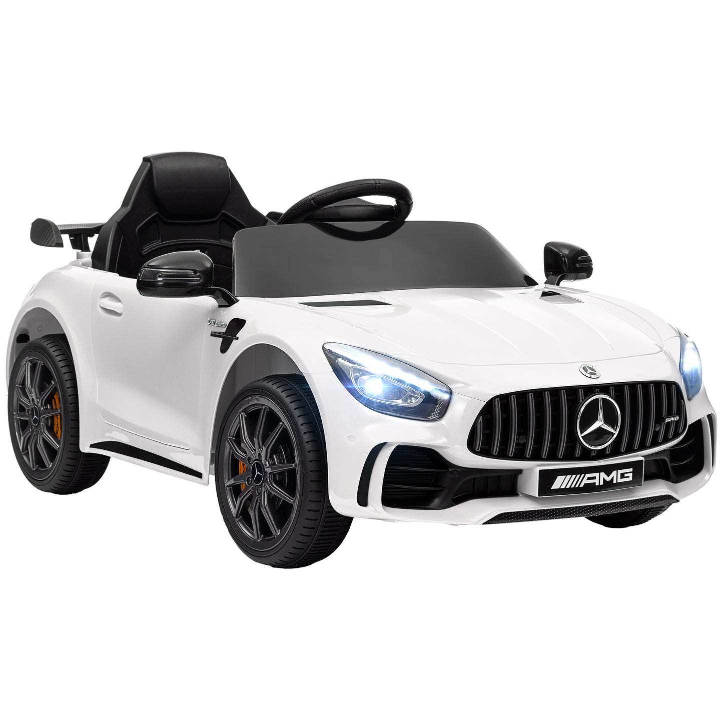 AIYAPLAY Carro Elétrico para Crianças acima de 3 Anos Carro Mercedes-Benz AMG GTR Carro Elétrico Infantil com Bateria 12V Controlo Remoto Faróis Buzina e Música 108x67x46 cm Branco