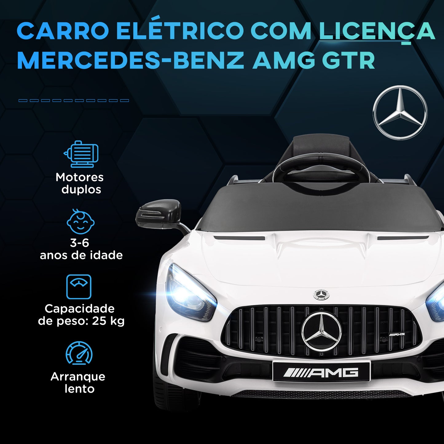 AIYAPLAY Carro Elétrico para Crianças acima de 3 Anos Carro Mercedes-Benz AMG GTR Carro Elétrico Infantil com Bateria 12V Controlo Remoto Faróis Buzina e Música 108x67x46 cm Branco