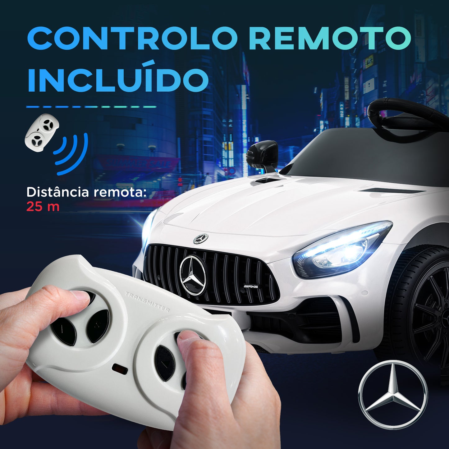 AIYAPLAY Carro Elétrico para Crianças acima de 3 Anos Carro Mercedes-Benz AMG GTR Carro Elétrico Infantil com Bateria 12V Controlo Remoto Faróis Buzina e Música 108x67x46 cm Branco