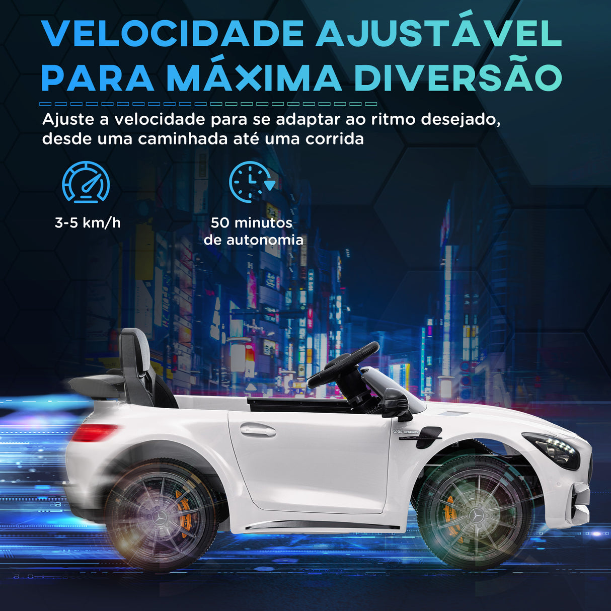 AIYAPLAY Carro Elétrico para Crianças acima de 3 Anos Carro Mercedes-Benz AMG GTR Carro Elétrico Infantil com Bateria 12V Controlo Remoto Faróis Buzina e Música 108x67x46 cm Branco