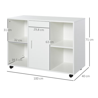 HOMCOM Suporte para impressora com rodízios de 360º Gabinete de escritório multifuncional Gabinete de arquivo móvel E1 Placa de partícula 100x 40 x 71 cm branco