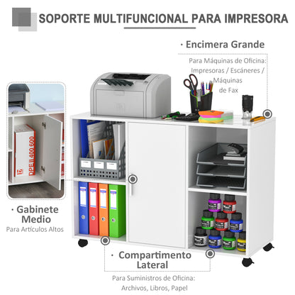 HOMCOM Suporte para impressora com rodízios de 360º Gabinete de escritório multifuncional Gabinete de arquivo móvel E1 Placa de partícula 100x 40 x 71 cm branco