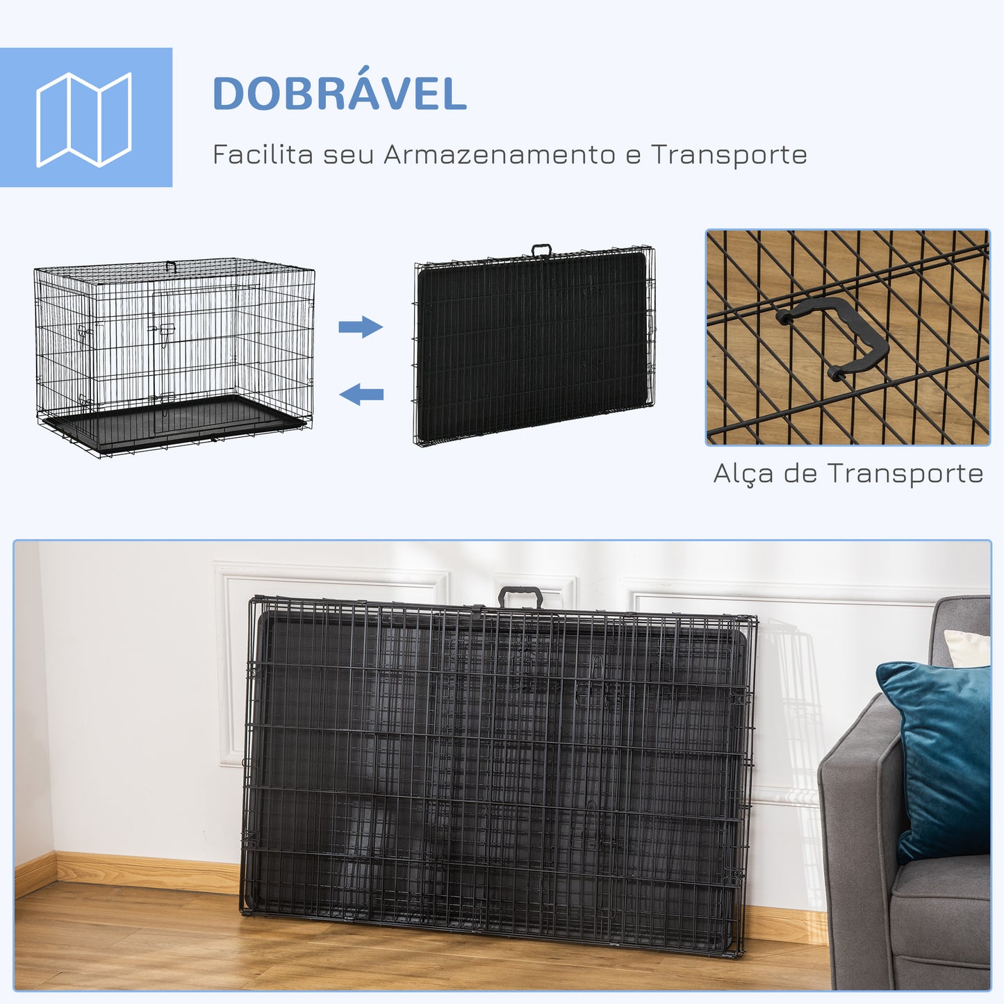 PawHut Gaiola para Cães com 2 Portas Gaiola para Animais de Estimação de Arame Dobrável com Alça de Transporte Aço 121x74,5x81cm Preto