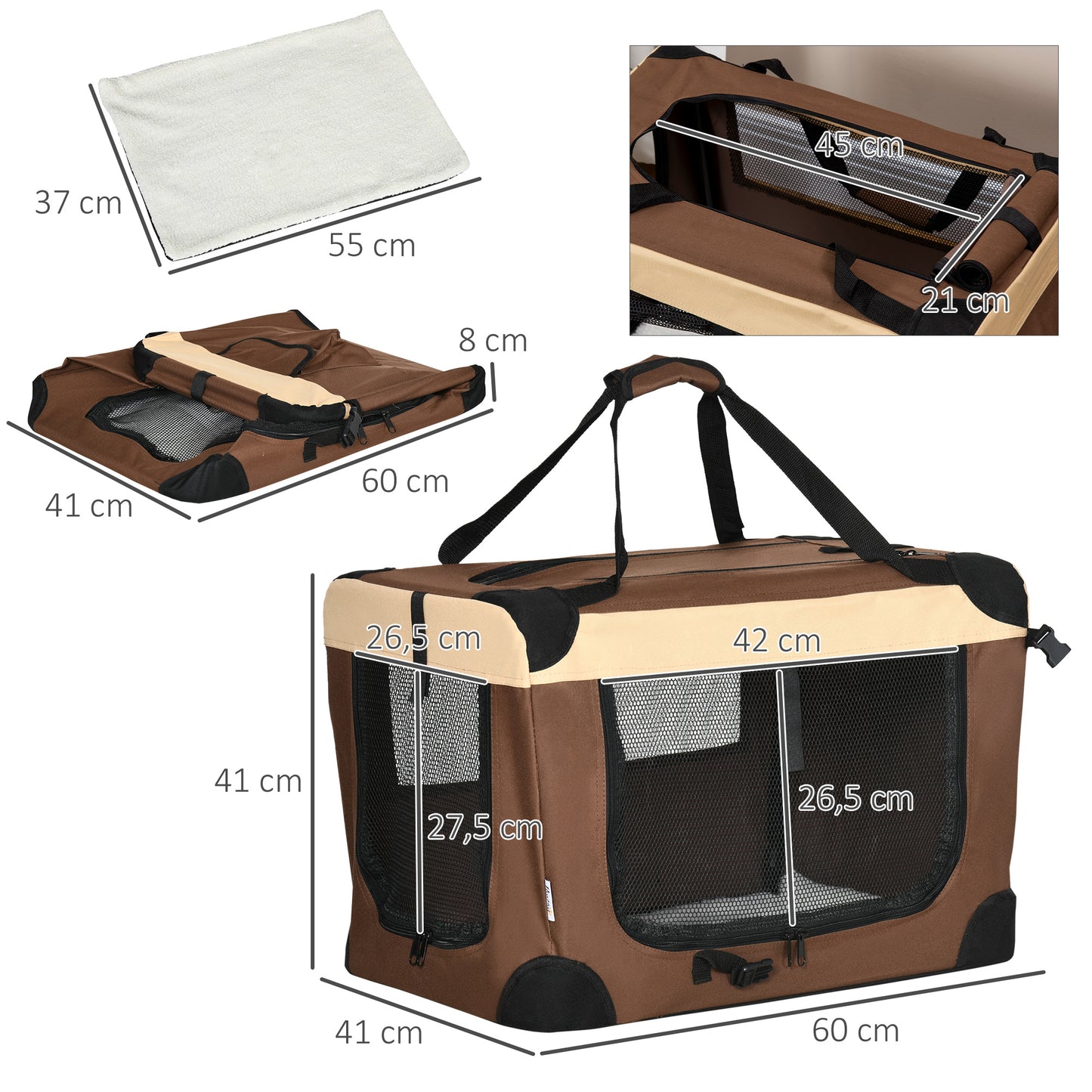 PawHut Transportadora para Cães e Gatos Bolsa de Transporte Animais de Estimação Dobrável com Almofada Suave e 2 Correias de Ombro para Carro Avião Viajem 60x41x41cm Marrom