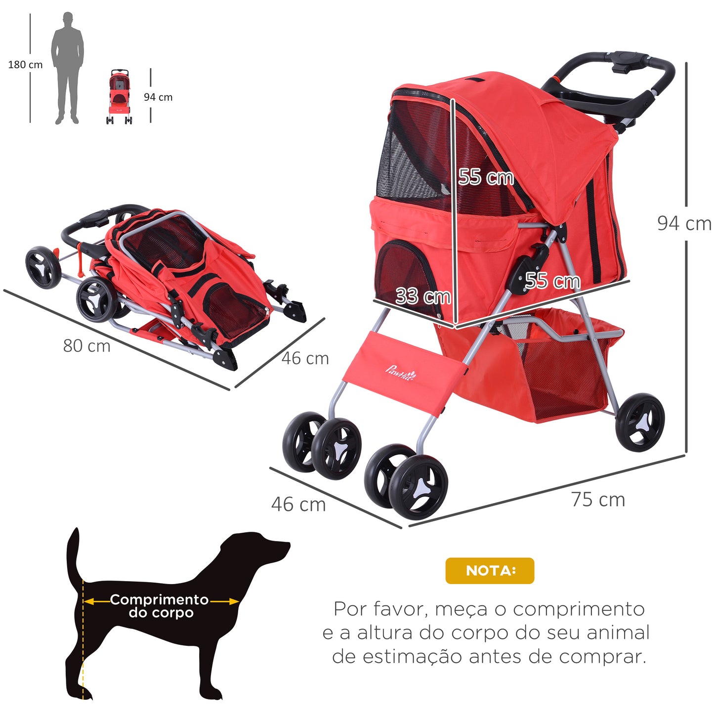 PawHut Carrinho para Animais de Estimação Dobrável para Cães com Capô Ajustável Cesta de Armazenamento e Rodas com Freio Tecido Oxford Estrutura de Aço 74x46x94cm Vermelho