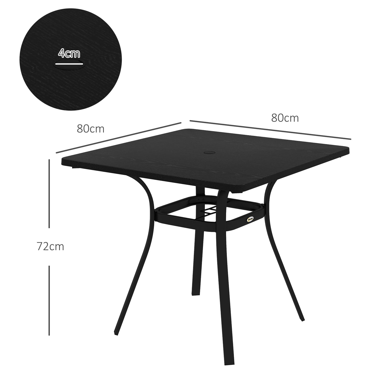 Outsunny Mesa de Jardim Mesa de Terraço com Estrutura de Aço Tampo de Metal e Almofadas para os Pés para Varanda Pátio 80x80x72 cm Preto