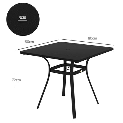 Outsunny Mesa de Jardim Mesa de Terraço com Estrutura de Aço Tampo de Metal e Almofadas para os Pés para Varanda Pátio 80x80x72 cm Preto