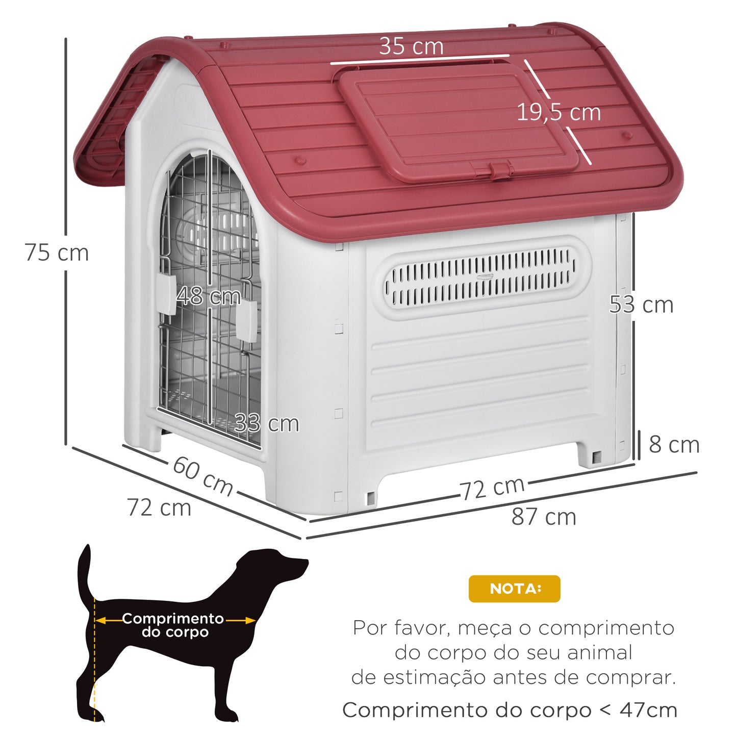 PawHut Casota para Cães com Porta Removível Base Elevada 3 Respiradouros e Janela para Interior e Exterior 72x87x75cm Cinza e Vermelho