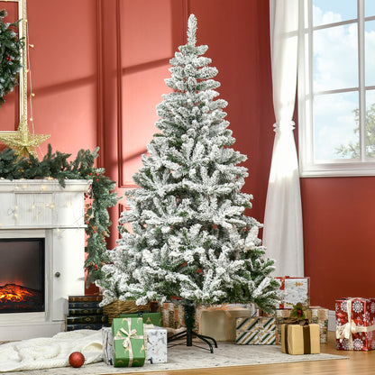 HOMCOM Árvore de Natal Artificial 180cm com Neve Ignífugo com 750 Ramos Folhas de PVC Base Dobrável e Suporte Metálico Decoração de Natal para Interiores Verde