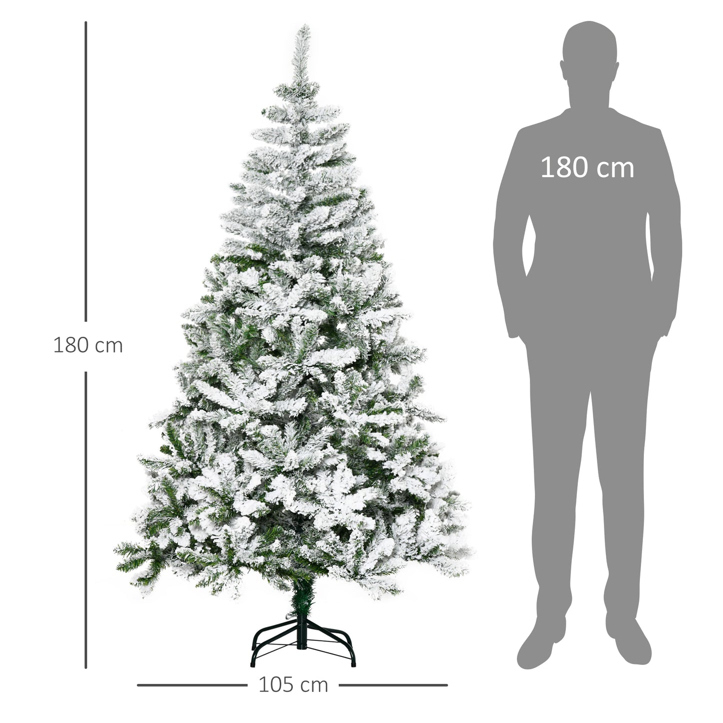 HOMCOM Árvore de Natal Artificial 180cm com Neve Ignífugo com 750 Ramos Folhas de PVC Base Dobrável e Suporte Metálico Decoração de Natal para Interiores Verde