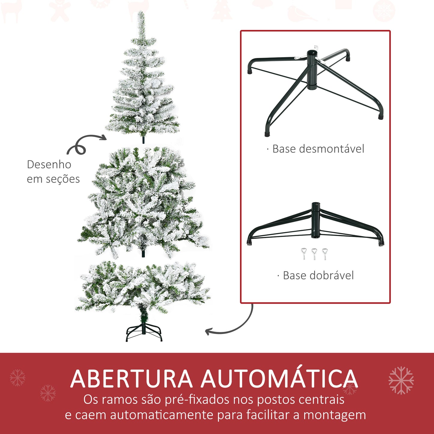 HOMCOM Árvore de Natal Artificial 180cm com Neve Ignífugo com 750 Ramos Folhas de PVC Base Dobrável e Suporte Metálico Decoração de Natal para Interiores Verde