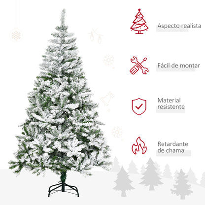 HOMCOM Árvore de Natal Artificial 180cm com Neve Ignífugo com 750 Ramos Folhas de PVC Base Dobrável e Suporte Metálico Decoração de Natal para Interiores Verde