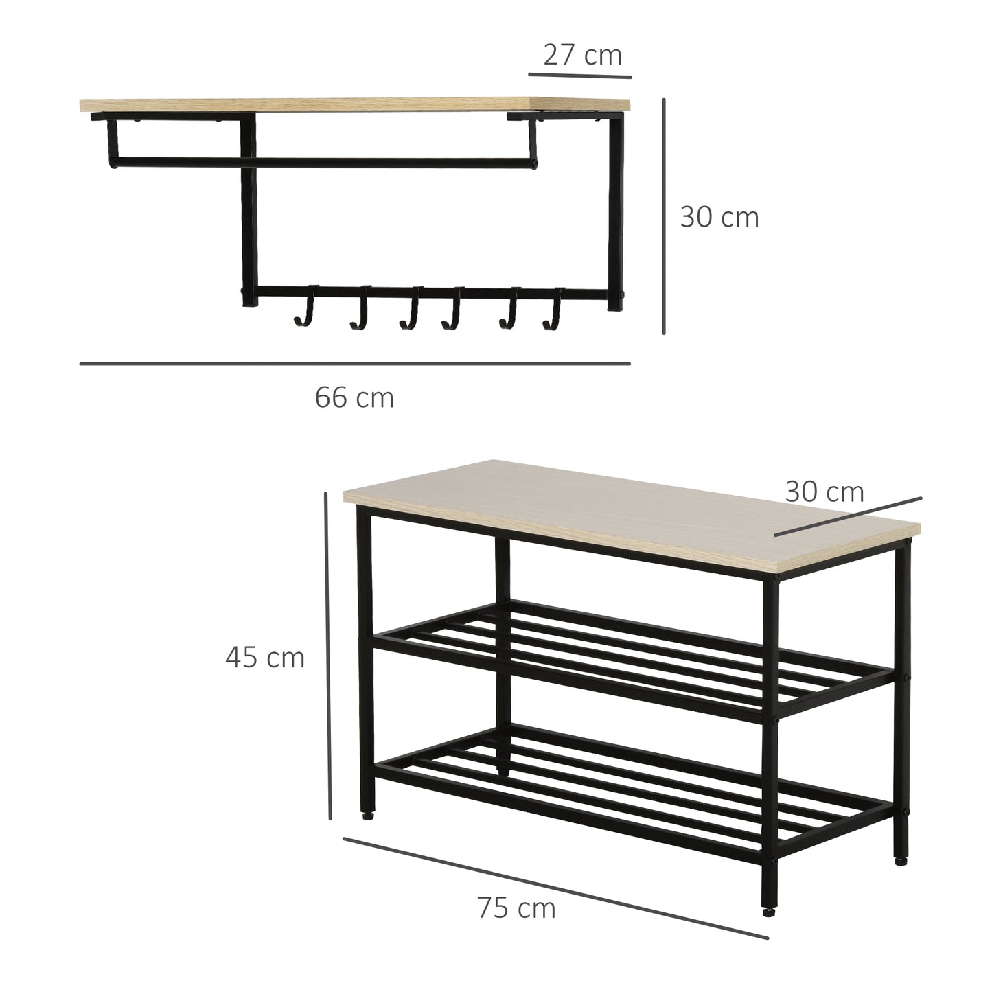 HOMCOM Móvel Cabide de Entrada com 6 Ganchos e Sapateira Armário de Entrada com Cabide Estilo Industrial 75x30x45cm Preto e Madeira