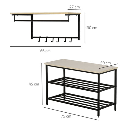 HOMCOM Móvel Cabide de Entrada com 6 Ganchos e Sapateira Armário de Entrada com Cabide Estilo Industrial 75x30x45cm Preto e Madeira