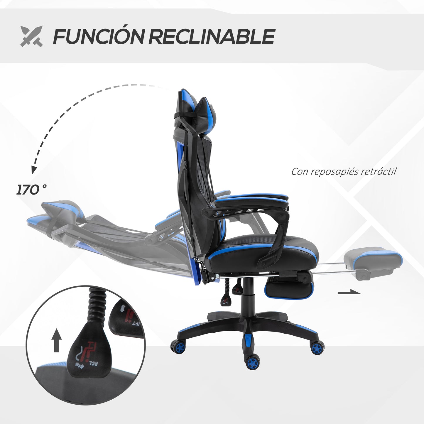 Vinsetto Cadeira Gaming Ergonómica Cadeira Gaming para Escritório com Altura Ajustável Encosto Regulável Almofada Lombar Apoio para os Pés Retráteis 65x70x117-125cm Azul