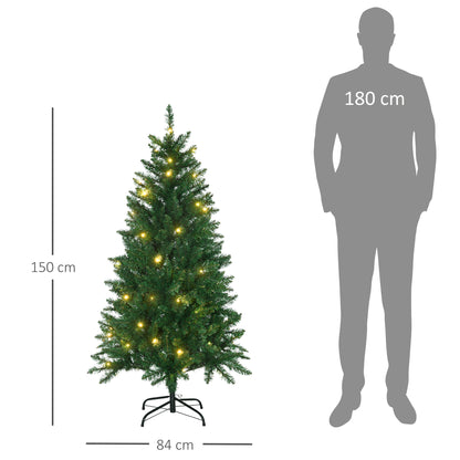 HOMCOM Árvore de Natal Artificial Altura 150cm Ignífugo com 502 Ramos 150 Luzes LED IPX2 8 Modos Folhas de PVC Base Dobrável e Suporte Metálico Decoração de Natal para Interiores Verde